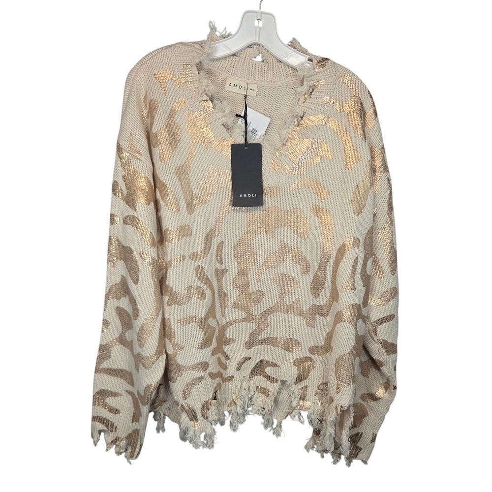 Amoli Gold Digger Sweater Womens M/L Cream Rose Gold NWT Distressed Fringe New